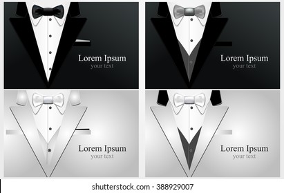 Cards with black and white tuxedo. Tuxedo with butterfly. Business card for a tailor or musician, conductor, events organizer. 