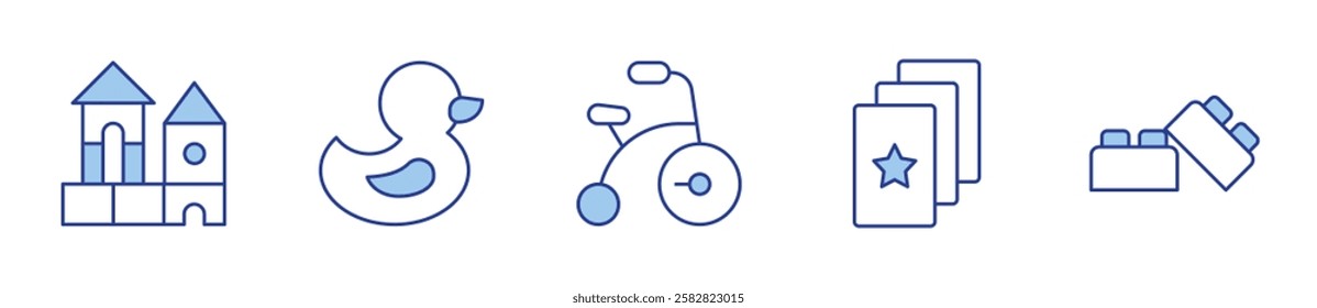 cards, block, rubber duck, bricks, bike. Toys Icon vector illustration. Line Duotone style. Editable stroke.