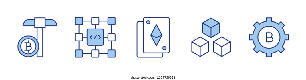 tarjetas, blockchain, minería, bloque, engranaje. Ilustración vectorial de iconos. Línea estilo Duotone. Trazo editable.