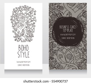 cards with blooming tree in orient style, can be used as business cards for boho shop or invitation for boho style party, vector illustration