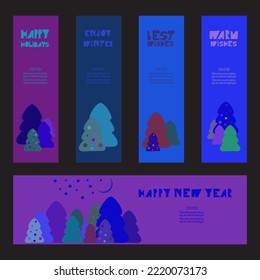 Cards, bookmarks, stickers with New year tree symbols. Vector design illustrations . New Year and Christmas theme.