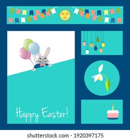 Cards, bookmarks, visit cards with Easter symbols. Vector design illustrations on the dark background. Easter theme.