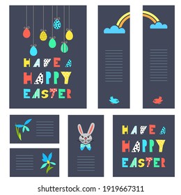 Cards, bookmarks, visitcards with Easter symbols. Vector design illustrations on the dark background. Easter theme.