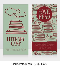 cards with books, two banners for literary camp, vector illustration