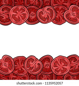 Cards with borders of tomatoes in a cut and place for text. Vector template for invitations, menus, cards and your creativity