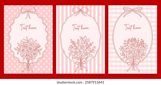 Cards of bunch of flowers in frames with space for text. Cute vintage cards of frames with bouquet of flowers.