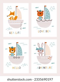 Cards cartoon animals  traveling by ship. Vector illustration