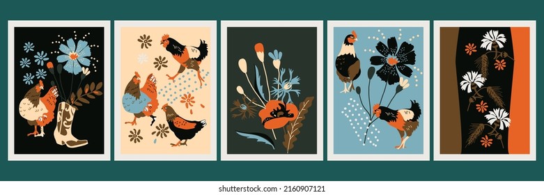 cards with chicken, cornflowers and poppies, countryside. vector design for paper, fabric and other surface