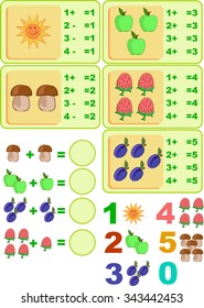 Cards for children with math, numbers, fruits and Images