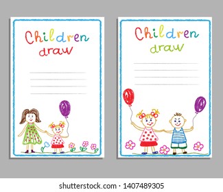 Cards with children's pencil drawings. Mom, children, girl, boy, friendship, love. Vector illustration