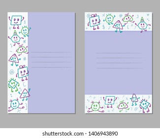 Cards with children's pencil drawings on a checkered sheet, monsters, emotions, poses. Vector.