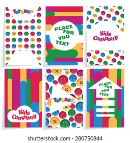 Cards children's shops. Several business cards for children. Contain buttons, strips of different shapes and colors. White background with the shadow of the cards.
