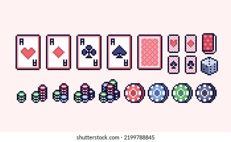 Cards, chips and dice pixel art set. Poker game. Casino, gambling elements collection.  8 bit sprite. Game development, mobile app.  Isolated vector illustration.