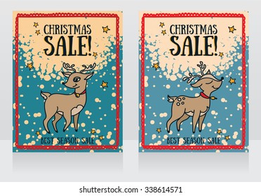 cards for christmas sale with cute doodle deer and snow, vector illustration