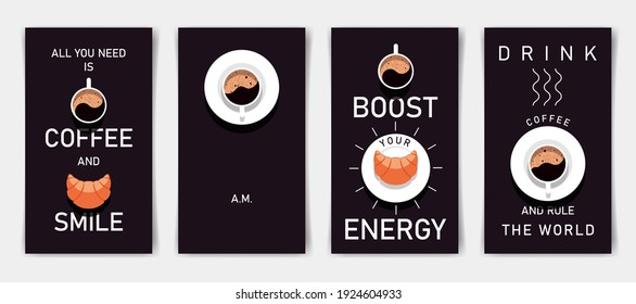 Cards with coffee cup and croissant. Template for stories, cards, poster, flyer. Illustration concept in flat style.