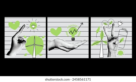 Cards collage the concept of ESG - Environmental, social, and corporate governance. Green business and technology. Vector illustration. 