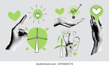 Cards collage the concept of ESG - Environmental, social, and corporate governance. Green business and technology set. Vector illustration in retro style. 