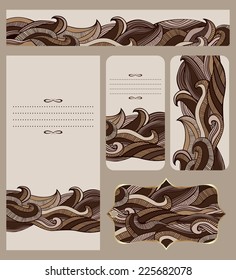 Cards collection with abstract chocolate waves pattern. Branding design with decorative pattern. Identity firm design. Collection of business cards, banners and tag. Vector file is EPS8.