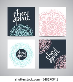 Cards collection, floral pattern. Vector background with lettering - "free spirit" . Card or invitation. Vintage decorative elements. Hand drawn background with islam, arabic, indian, ottoman motifs.