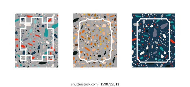 Cards collection with geometric terrazzo seamless textures. Endless pattern set with scattered stone pieces on white background. Banner, poster, greeting card. Vector.