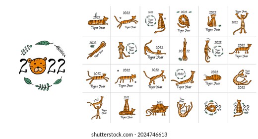 Cards collection with Tigers Family, animal characters. Symbol of 2022 New Year. Design Template for Christmas card, banner, poster, holiday decoration