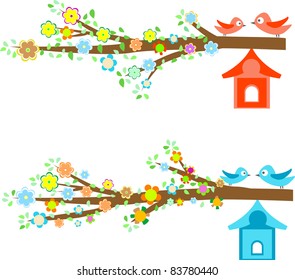 Cards with couples of birds sitting on branches and birdhouses. vector
