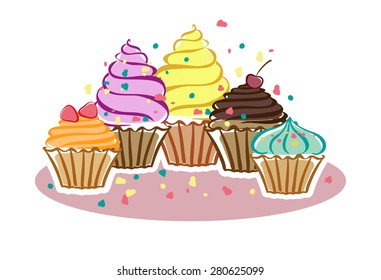 Cards with cupcakes. Ideal for posters, advertisements, announcements, labels, banner, menu for cafe and restaurants. Vector illustration