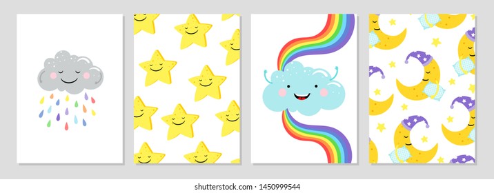 Cards with cute clouds, rainbow, moon. Vector cartoon clouds and stars banner template