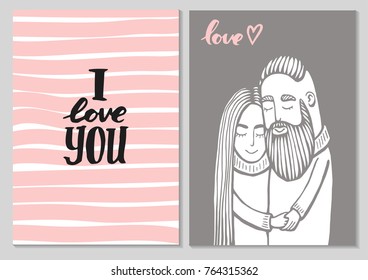 cards of cute couple. Doodle. Vector Illustration Hand drawn cartoon character. Hipster man with mustache, beard with girl.