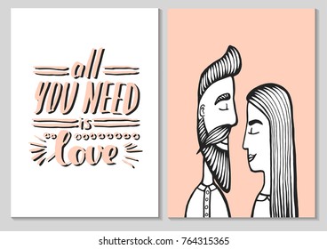 cards of cute couple. Doodle. Vector Illustration Hand drawn cartoon character. Hipster man with mustache, beard with girl.