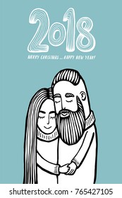 cards of cute couple. Doodle. Vector Illustration Hand drawn cartoon character. Hipster man with mustache, beard with girl. template for holiday greeting card, invitation, calendar post