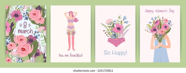 Cards with cute female illustrations. Vector set for Happy Womens Day, 8 march and other use