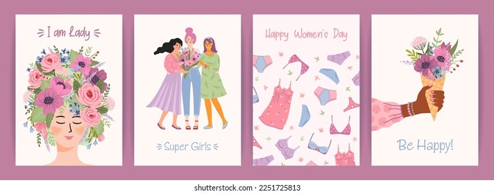 Cartas con adorables ilustraciones femeninas. Vector ambientado para Feliz Día de la Mujer, 8 de marzo y otros usos
