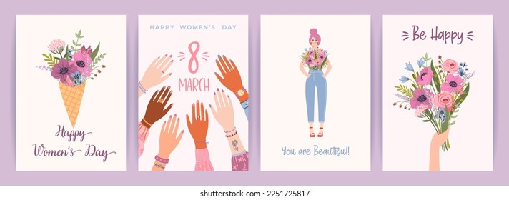 Cards with cute female illustrations. Vector set for Happy Womens Day, 8 march and other use