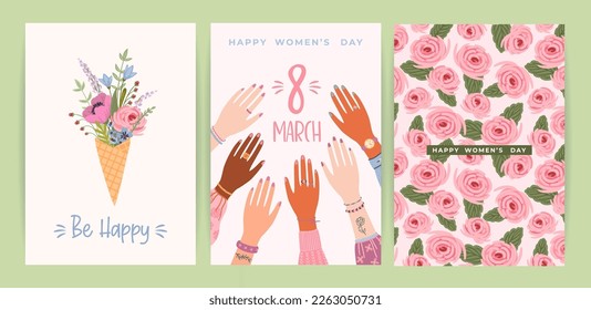 Cards with cute female illustrations. Vector set for Happy Womens Day, 8 march and other use.