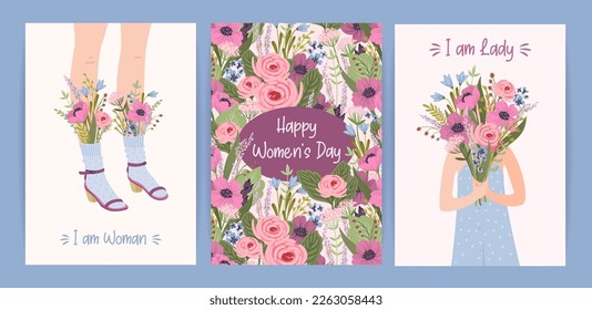 Cards with cute female illustrations. Vector set for Happy Womens Day, 8 march and other use.