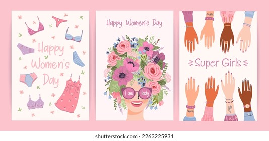 Cards with cute female illustrations. Vector set for Happy Womens Day, 8 march and other use.