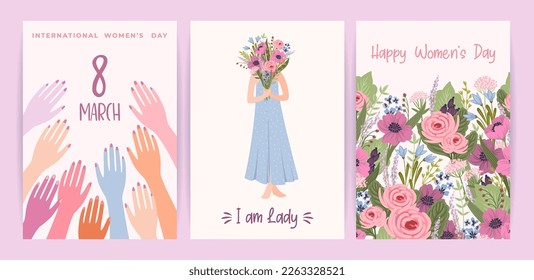 Cards with cute female illustrations. Vector set for Happy Womens Day, 8 march and other use.