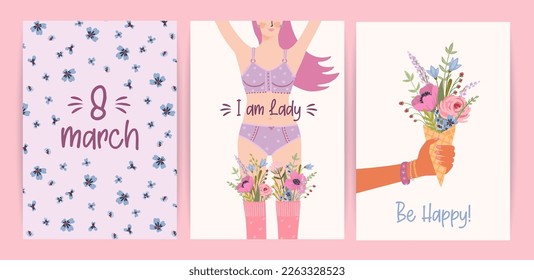 Cards with cute female illustrations. Vector set for Happy Womens Day, 8 march and other use.