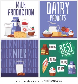 Cards with dairy products. Fresh farm health milk food - milk and ice cream, cheese and cottage cheese, sour cream with strawberry and yogurt. Set of vector flat illustrations.