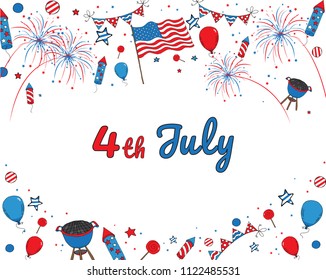 Cards dedicated to 4th July. Cards have elements of Independence Day of the USA. Elements are american flag, crackers, ribbons, grill, lollipop