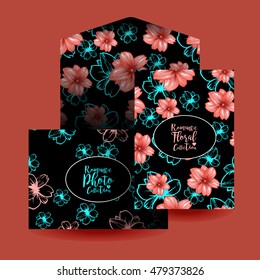 Cards design and envelope template or mockup. Brochure design with decorative oval frame and cherry pink flowers pattern. Vector presentation on the red background
