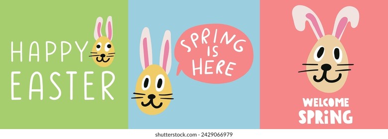 Cards design. Happy Easter. Cute bunnies. Flat vector illustrations on different background. 