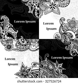 Cards design set. Mandala and doodle background. Decorative elements for poster, invitation. Oriental templates with place for text