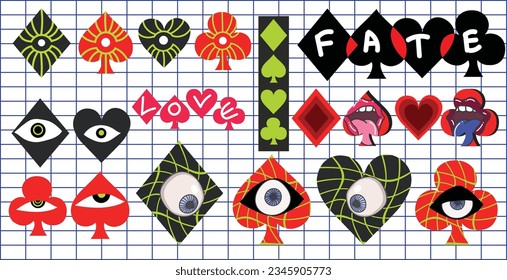  Cards diamond spades club heart design set for print isolated vector funky pop design,poker cards