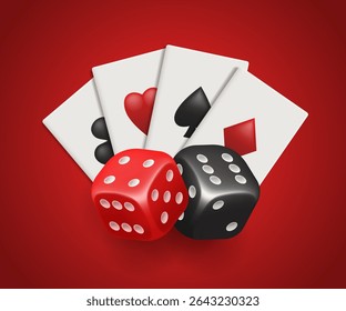 Cards and dice. Vector 3d clip art isolated on red background.