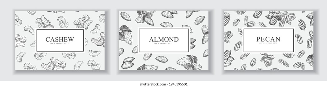 Cards with different nuts, cashew, almond, pecan. Vector illustration background with hand drawn sketch. Food texture for grocery shop. Line art style.