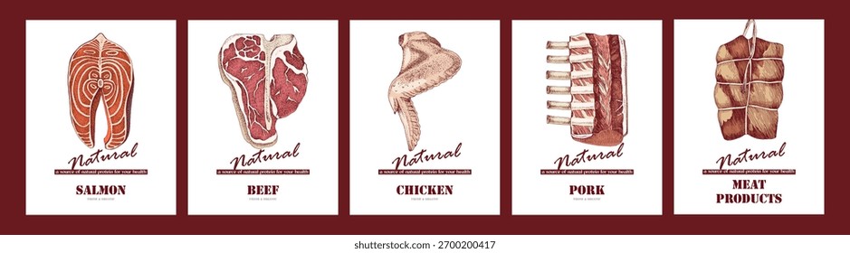 Cartões com diferentes tipos de peixe e carne