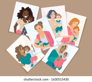 Cards with diverse mothers holding their babies. Happy mothers day. Mom holding baby in arms. Design for banner, poster. Greeting cards. Isolated on white background. Vector cartoon illustration