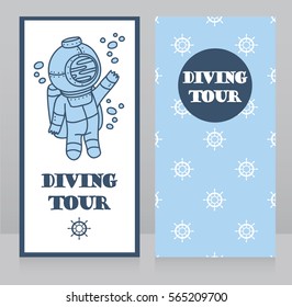 cards for diving tour with vintage diver, can be used as invitation to diving camp, retro style  vector illustration